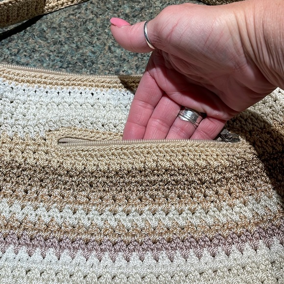 The Sak Crochet earth tone purse zipper closure outside pocket lined inside - Picture 3 of 11